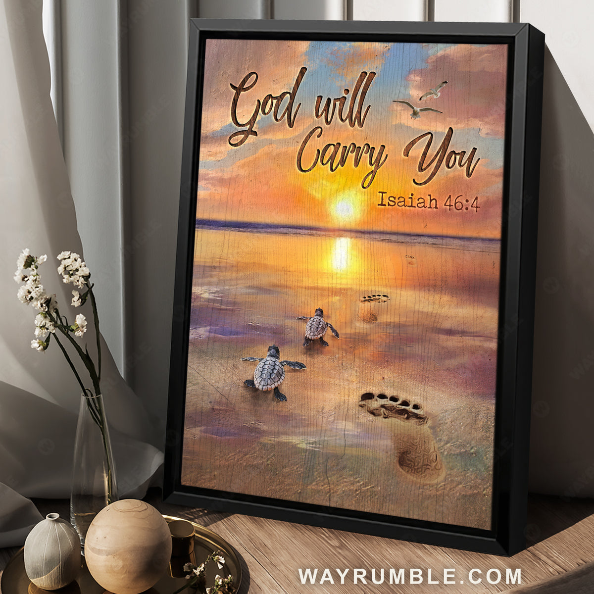 Beautiful sunrise, Sea turtle, On the beach, God will carry your - Jesus Portrait Canvas Prints, Home Decor Wall Art