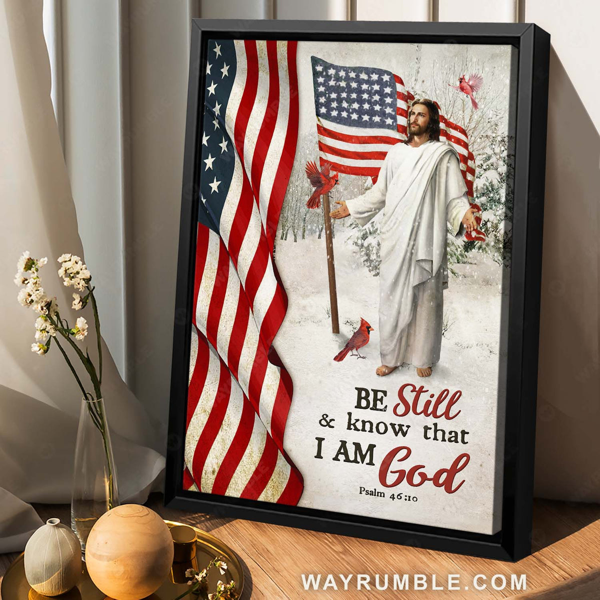 American flag, Red cardinal, Snow forest, Jesus painting, Be still &amp; know that I am God - Jesus Portrait Canvas Prints, Christian Wall Art