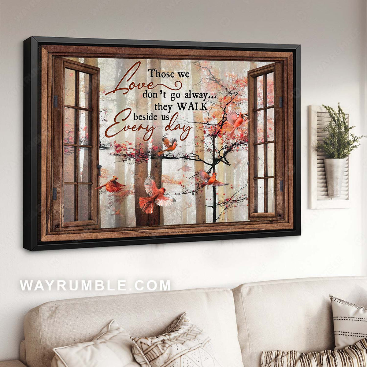Autumn season, Red cardinal, Wooden windows, Those we love don&#39;t go away - Jesus Landscape Canvas Prints, Home Decor Wall Art