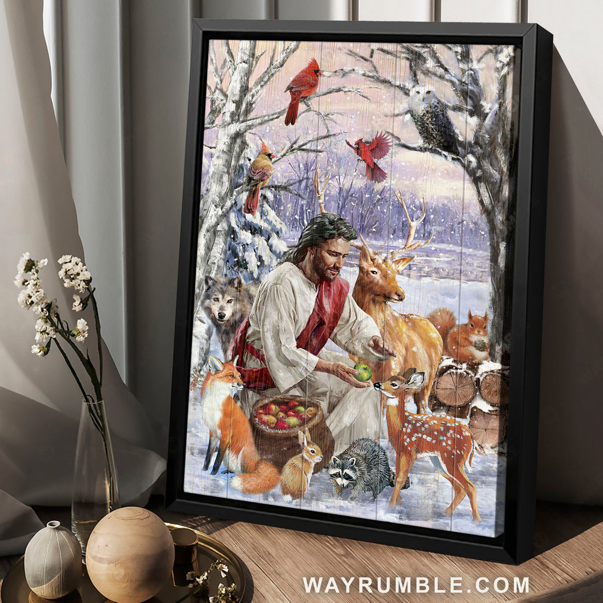 Jesus painting, Winter season, Wild animals, Cardinal drawing, The snowy forest - Jesus Portrait Canvas Prints, Christian Wall Art