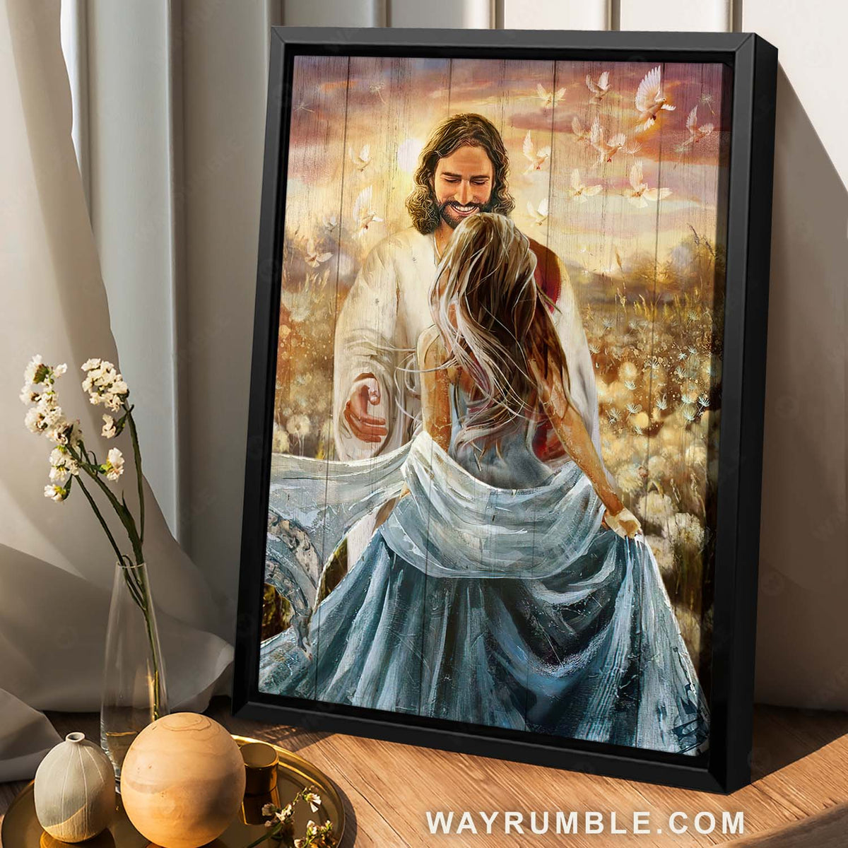 Dandelion field, Beautiful sunset, Holy spirit dove, Running into Jesus arms - Jesus Portrait Canvas Prints, Christian Wall Art