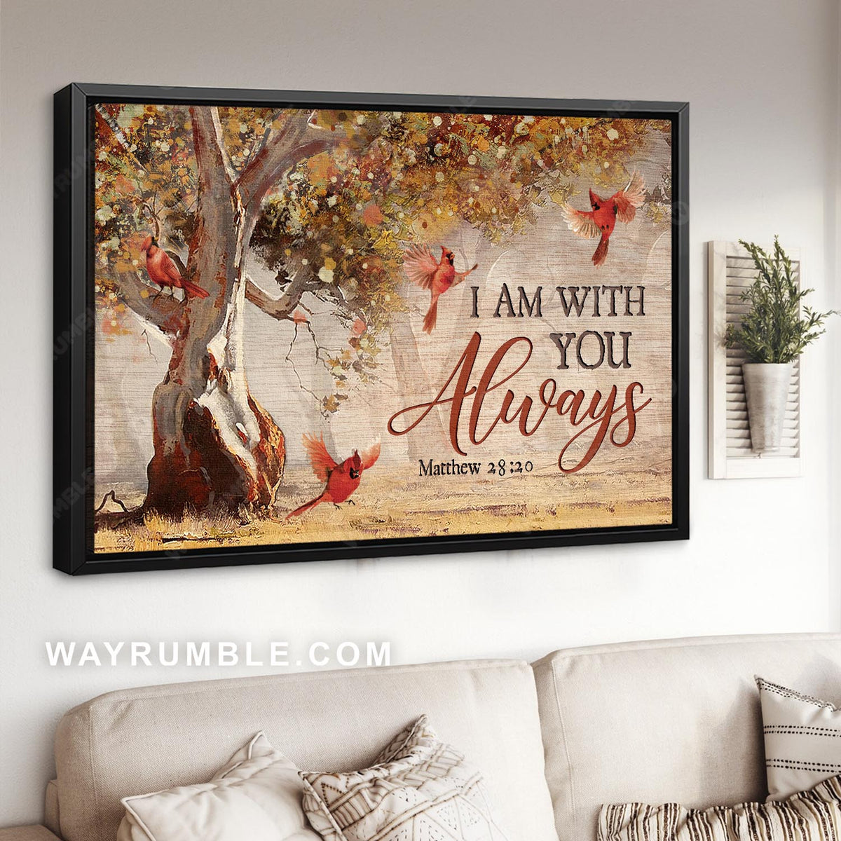 Autumn forest, Red cardinals, Abstract art, Bible verse, I am with you always - Jesus Landscape Canvas Prints, Home Decor Wall Art