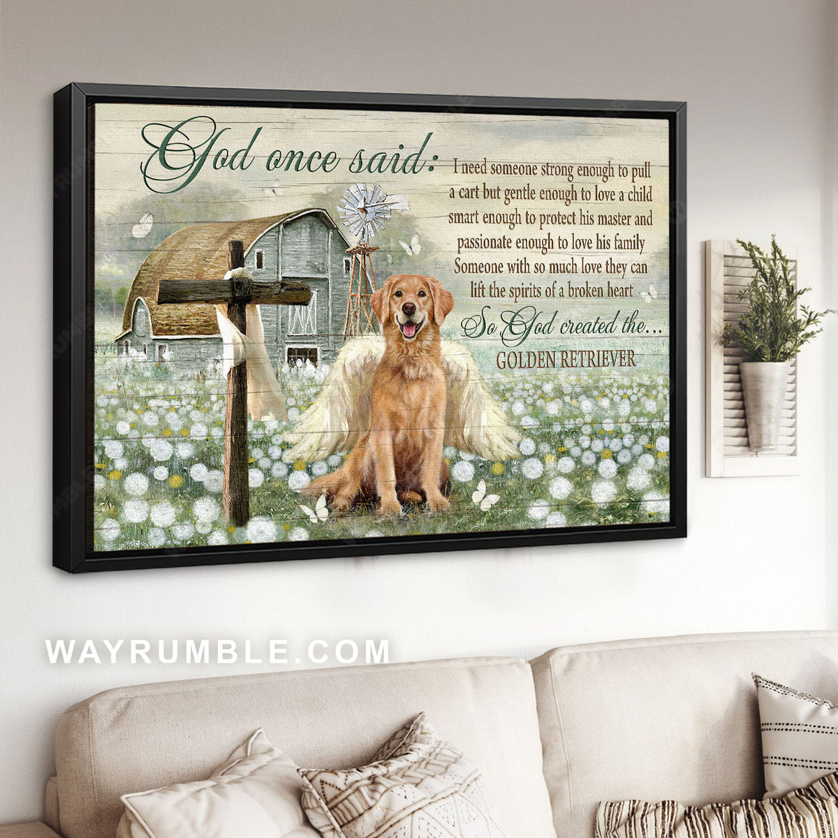 Golden Retriever, Dandelion field, Rustic farmhouse, God once said - Jesus Landscape Canvas Prints, Home Decor Wall Art
