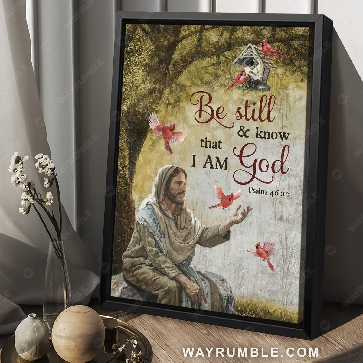 Jesus Christ, Red cardinal, Bible verse, Be still and know that I am God - Jesus Portrait Canvas Prints, Christian Wall Art