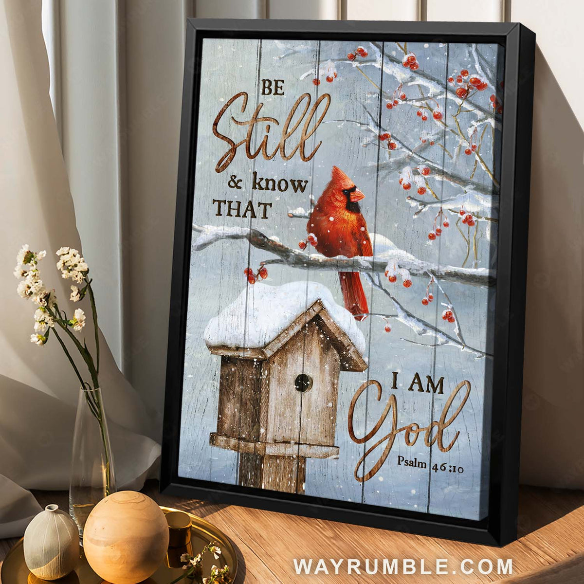 Cranberry tree, Winter season, Red cardinal, Be still &amp; know that I am God - Jesus Portrait Canvas Prints, Home Decor Wall Art