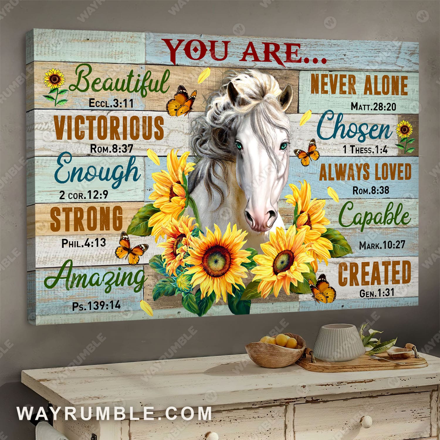 Beautiful horse, Sunflower, You are victorious, strong, never alone and always loved - Jesus Landscape Canvas Prints, Wall Art