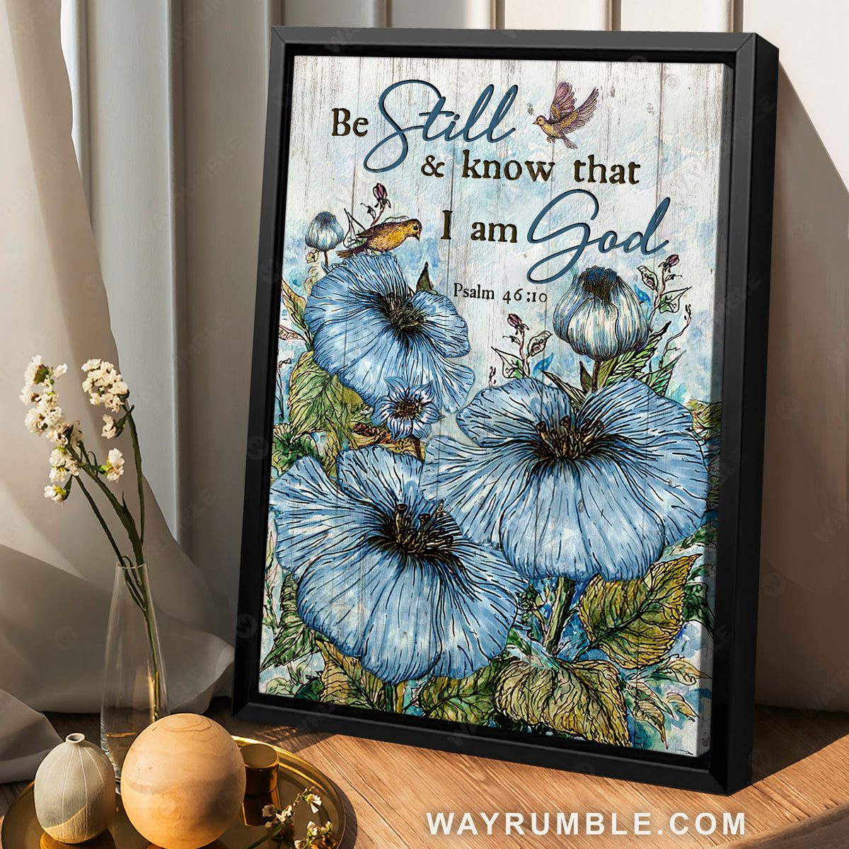 Lovely birds, Blue flower, Bible verse, Be still and know that I am God - Jesus Portrait Canvas Prints, Christian Wall Art