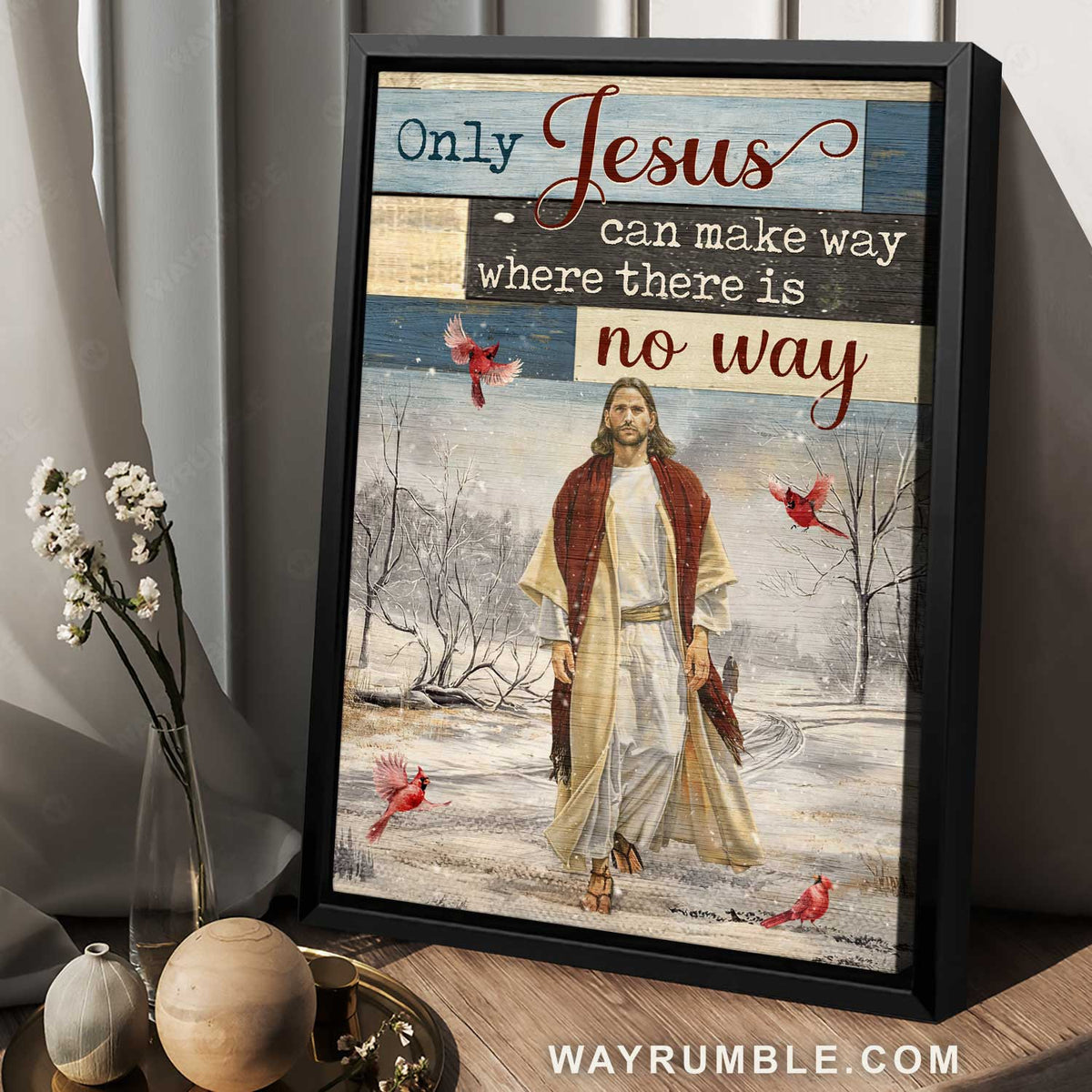 Beautiful Jesus painting, Red cardinal, Winter season, Only Jesus can make way - Jesus Portrait Canvas Prints, Christian Wall Art