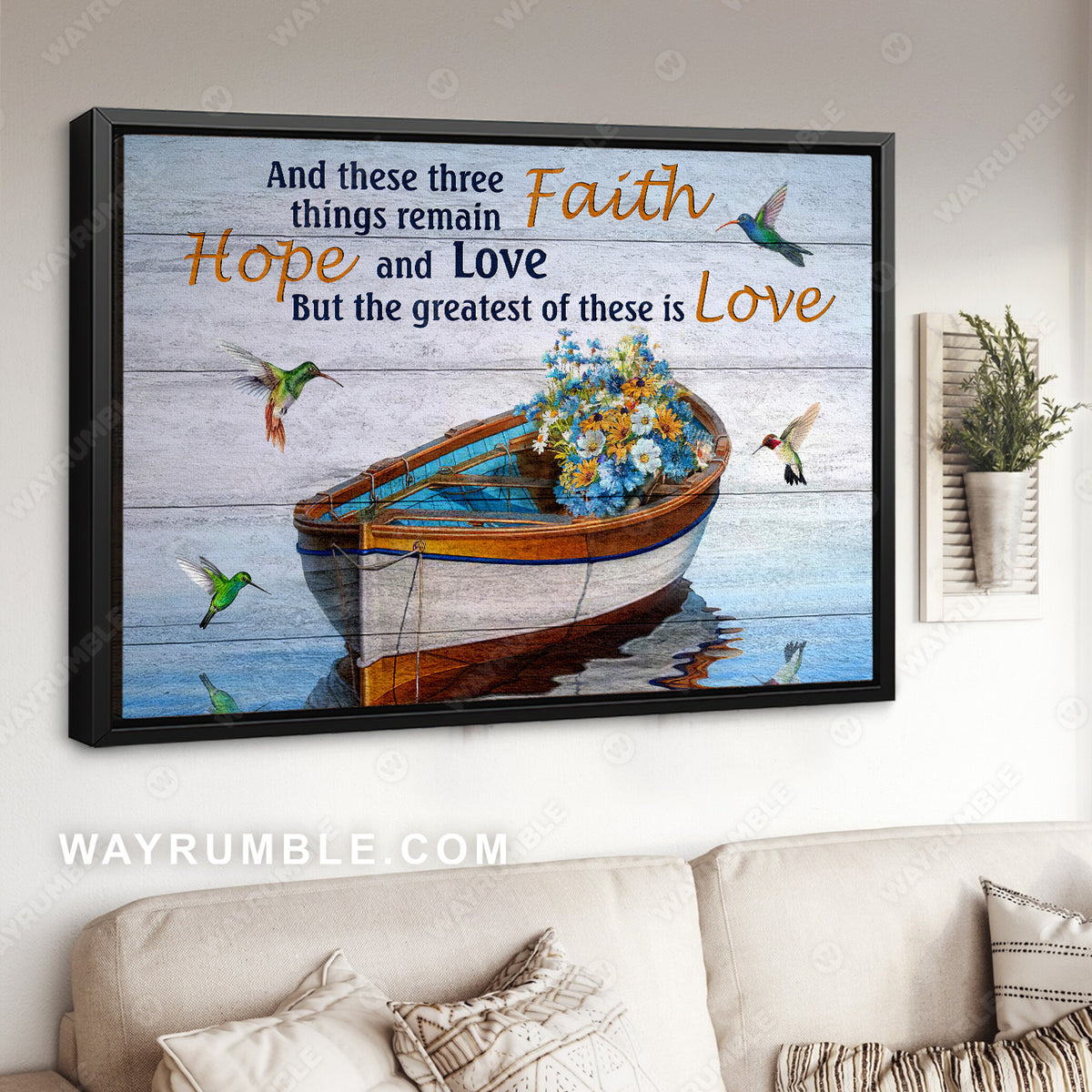 Boat on river, Wild flowers, Hummingbird, The greatest of these is Love - Jesus Landscape Canvas Prints, Christian Wall Art
