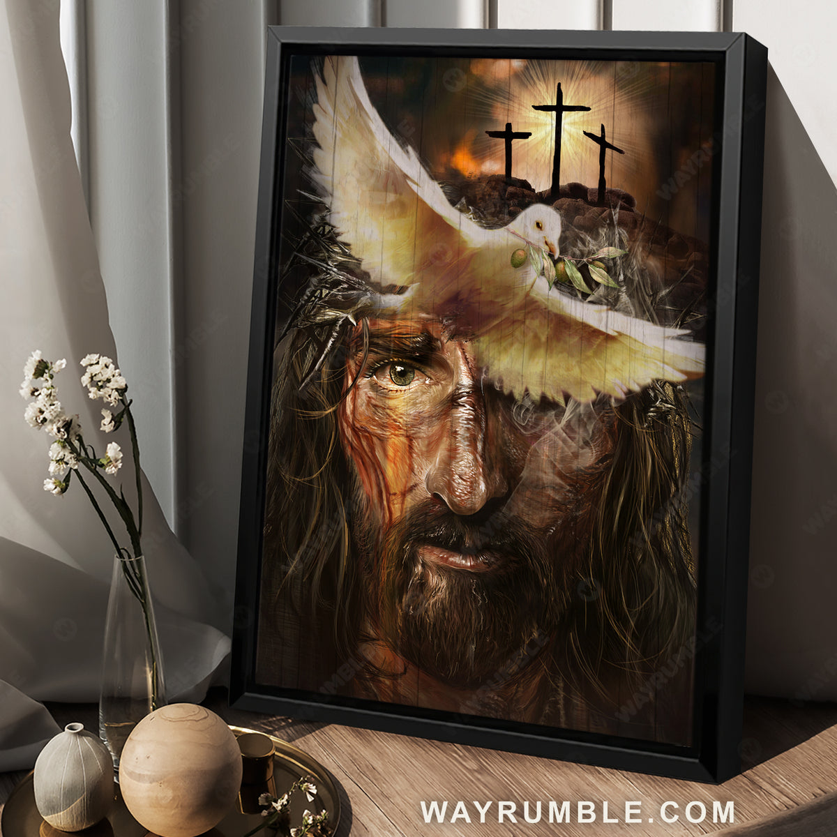 Amazing dove with olive branch, Three wooden crosses, Beautiful Jesus painting - Jesus Portrait Canvas Prints, Christian Wall Art