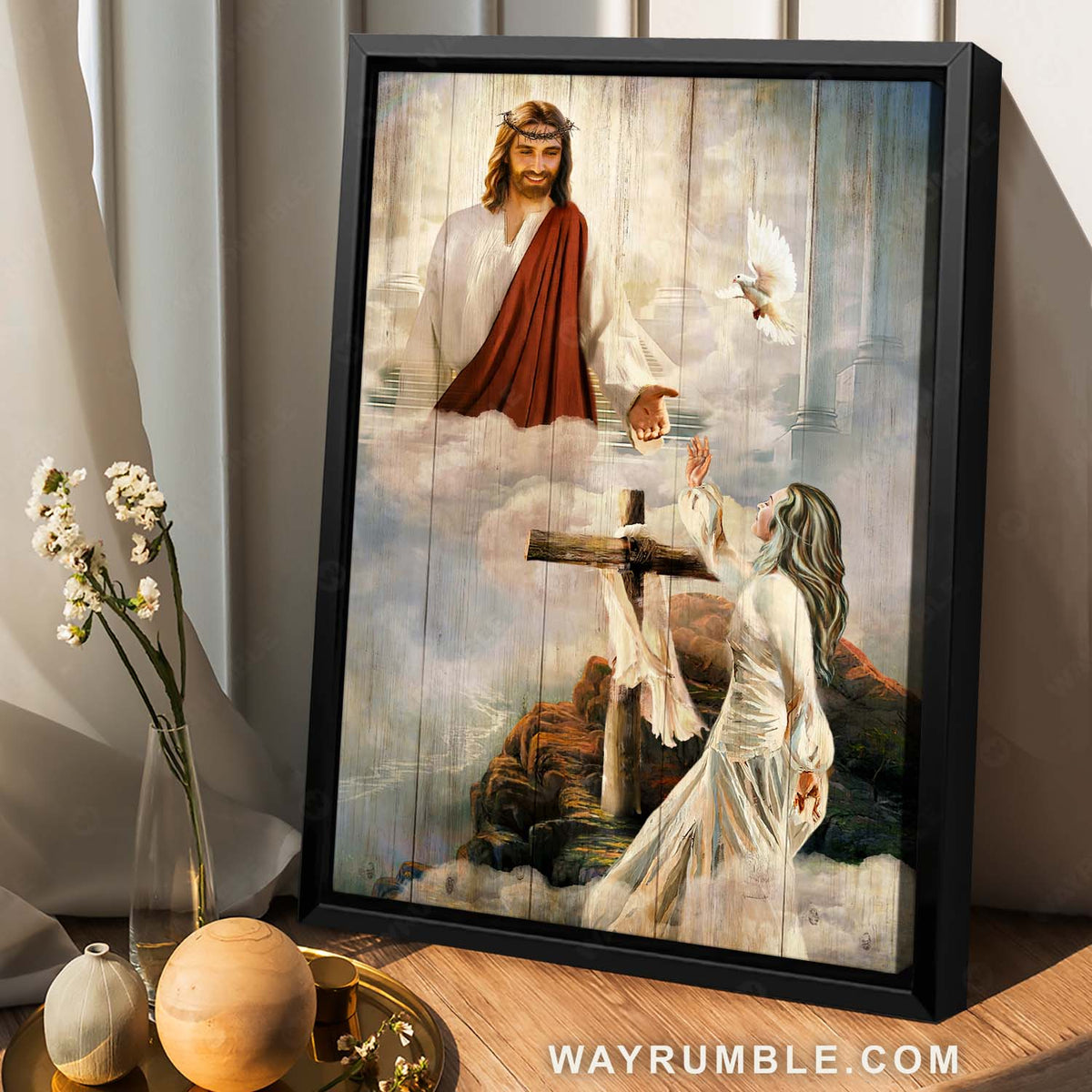 Beautiful woman, Jesus painting, Wooden cross, Take my hand - Jesus Portrait Canvas Prints, Christian Wall Art