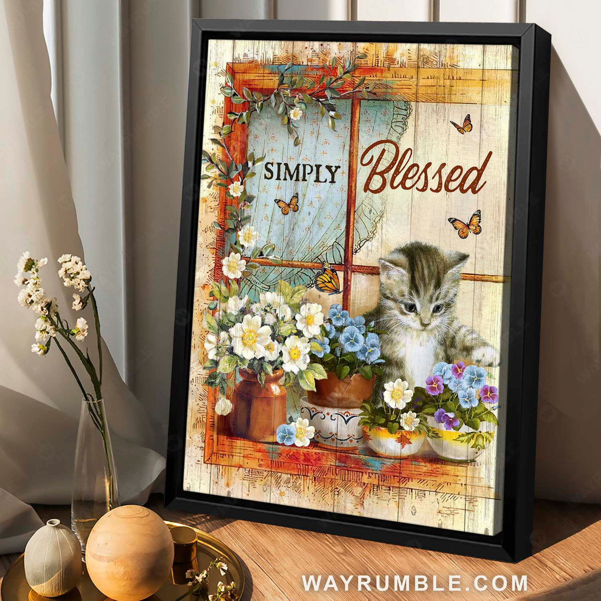 Lively flower painting, Adorable kitten, Monarch butterfly, Simply blessed - Jesus Portrait Canvas Prints, Christian Wall Art