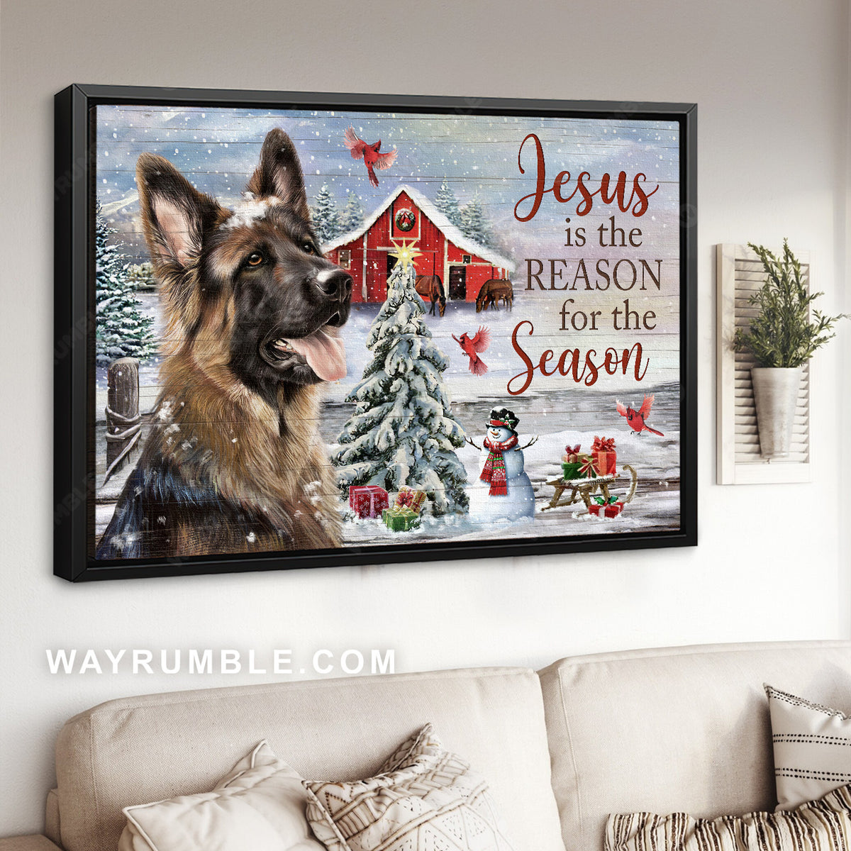German Shepherd, Christmas decoration, Cardinal, Jesus is the reason for the season - Jesus Landscape Canvas Prints, Home Decor Wall Art