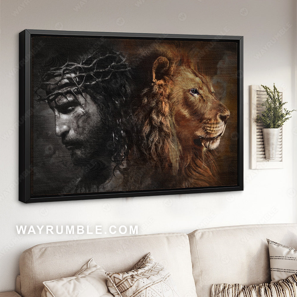 Great Lion of Judah, Crown of thorns, Awesome Jesus and Lion painting - Jesus Landscape Canvas Prints, Christian Wall Art