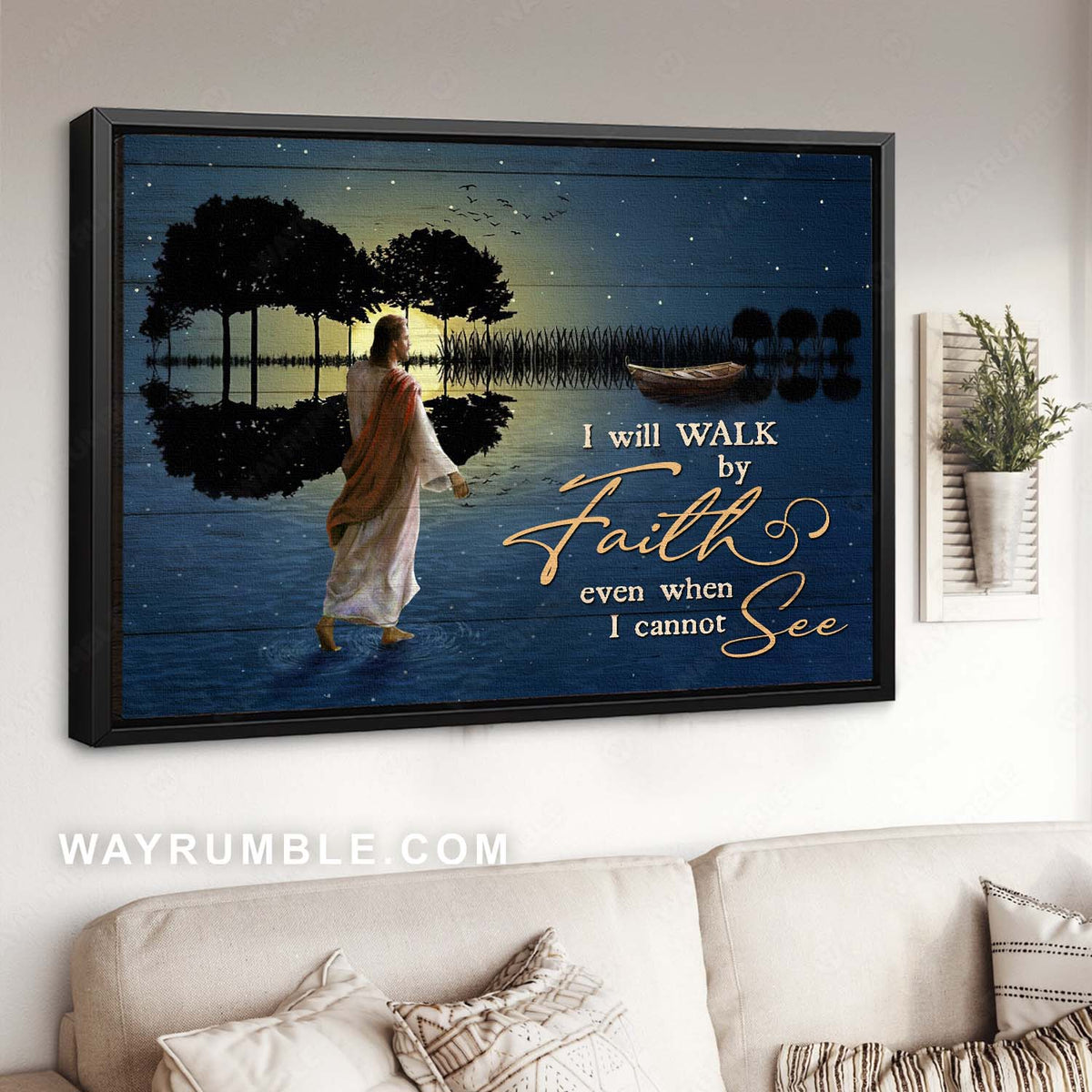 Beautiful night, Abstract river, Jesus walks on water, I will walk by faith - Jesus Landscape Canvas Prints, Christian Wall Art