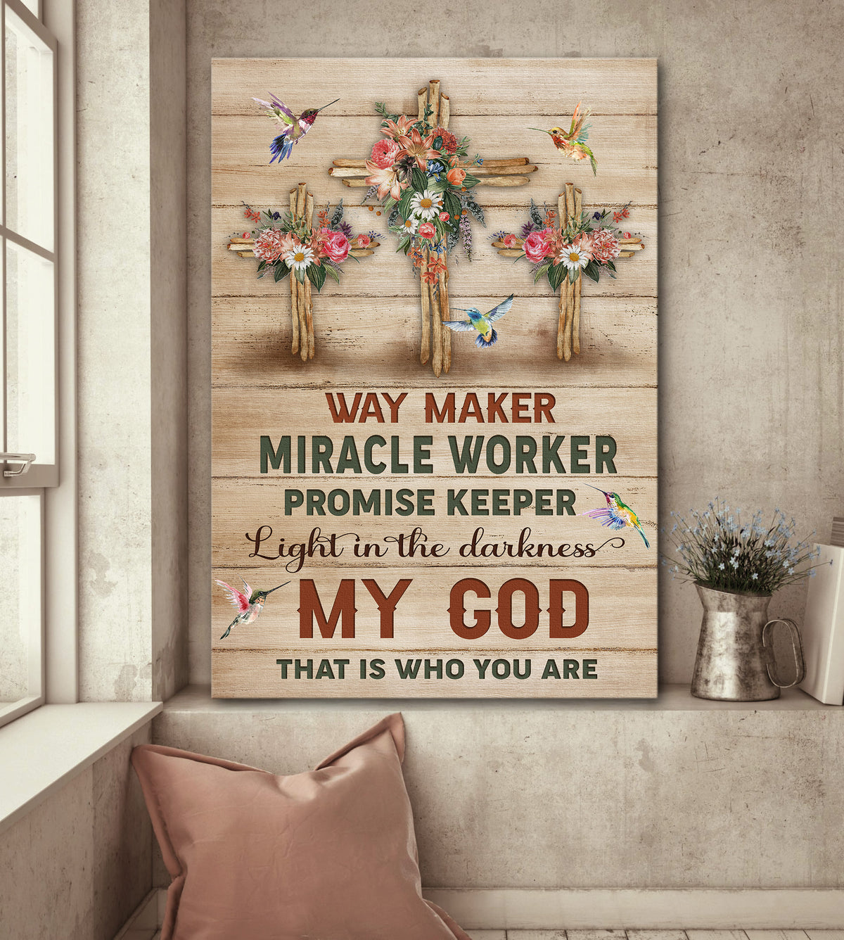 Flower cross, Hummingbird, Way maker, miracle worker, promise keeper, light in the darkness - Jesus Portrait Canvas Prints, Wall Art
