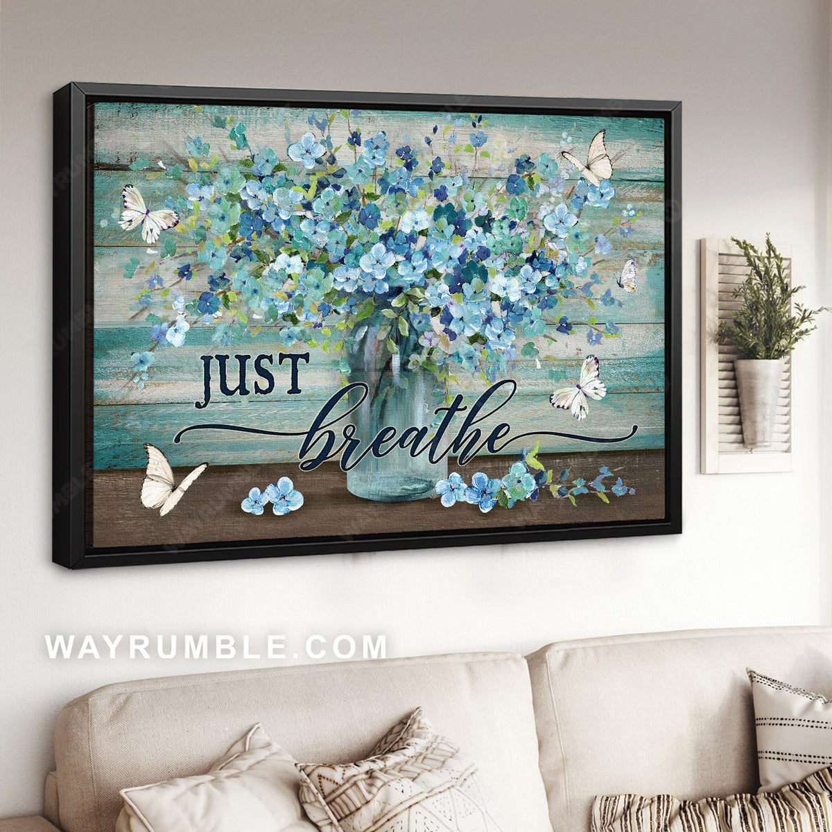 Abstract art, Watercolor blue flower, White butterfly, Just breathe - Jesus Landscape Canvas Prints, Jesus Wall Art