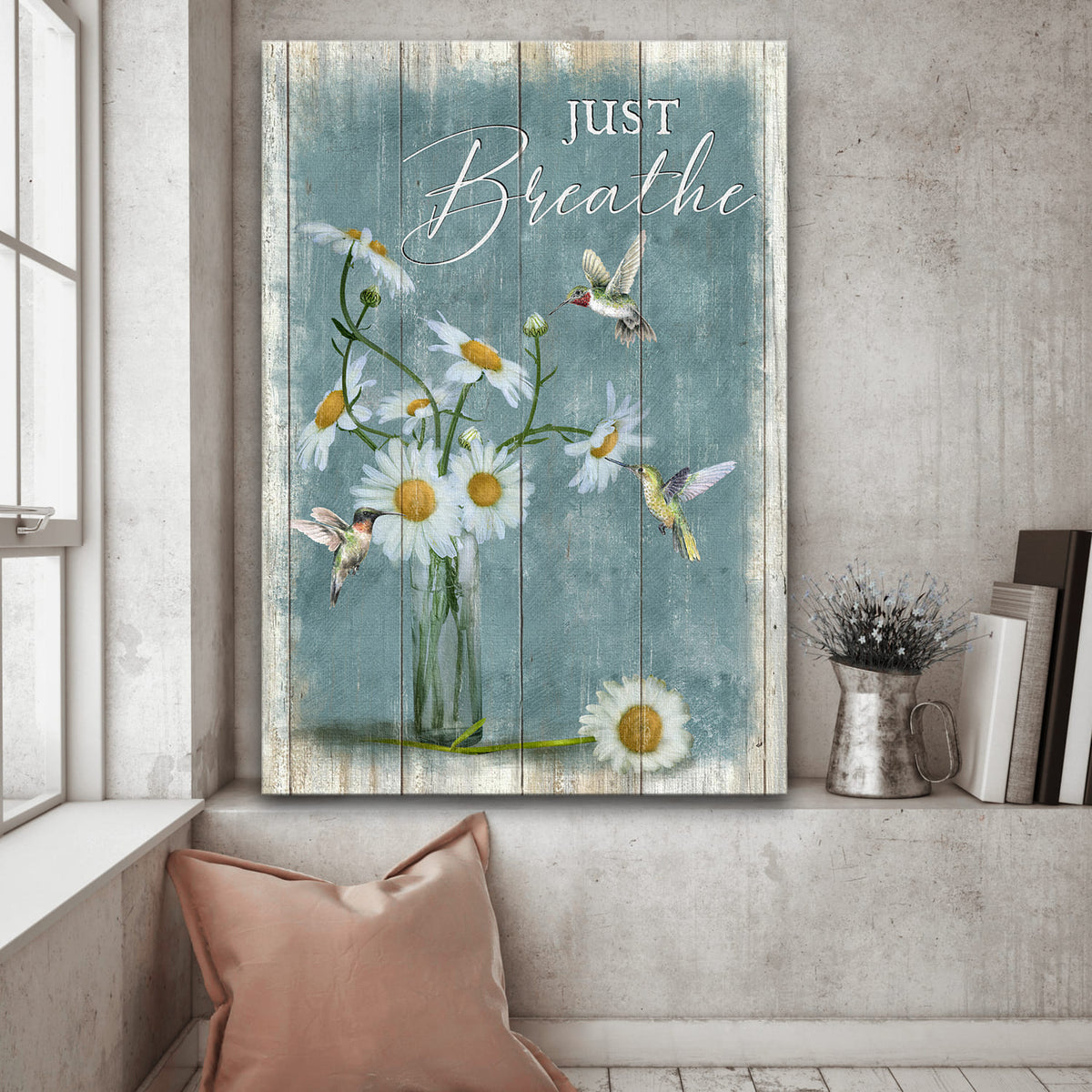 Daisy vase, Hummingbird, Still Painting, Just breathe - Jesus Portrait Canvas Prints, Wall Art