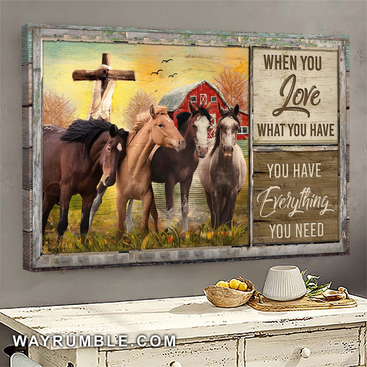 Horse farm, Wooden Cross, When you love what you have - Jesus Landscape Canvas Prints, Wall Art
