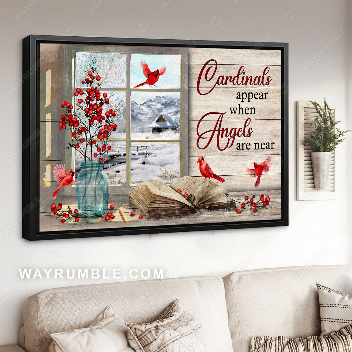 Red cardinal, Cranberry vase, Winter season, Cardinals appear when angels are near - Jesus Landscape Canvas Prints, Christian Wall Art