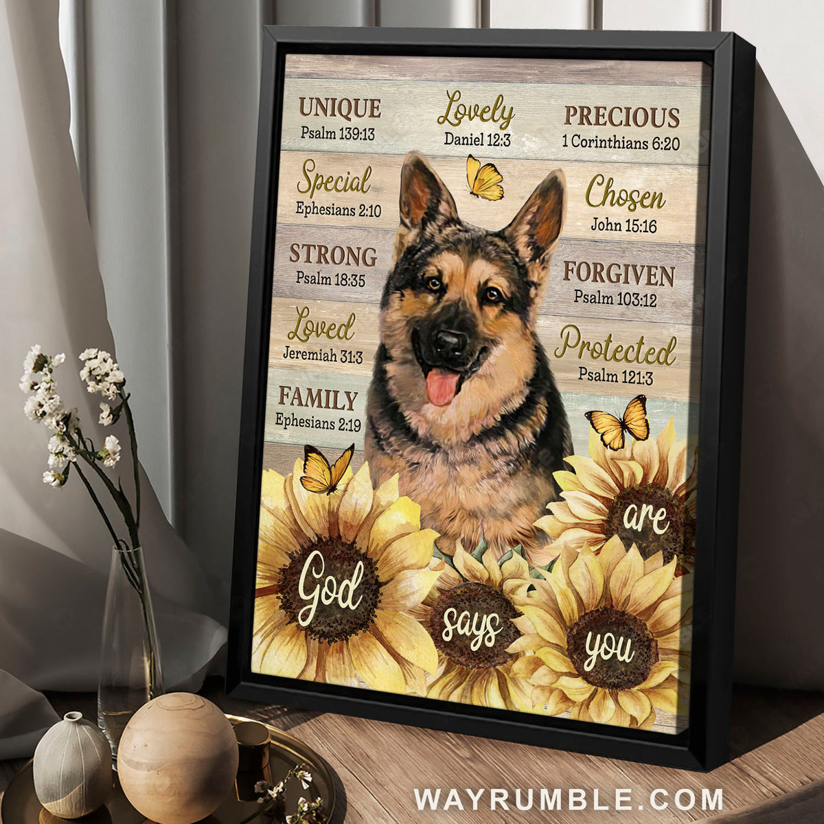 German Shepherd, Sunflower painting, Monarch butterfly, God says you are - Jesus Portrait Canvas Prints, Home Decor Wall Art