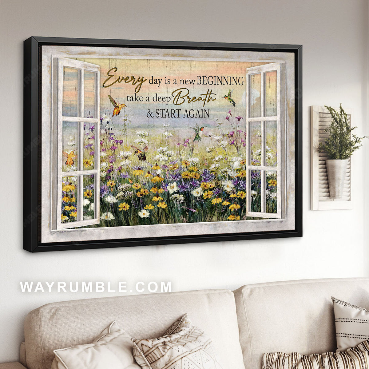 Flower field, Hummingbird drawing, Window frame, Every day is a new beginning - Jesus Landscape Canvas Prints, Home Decor Wall Art