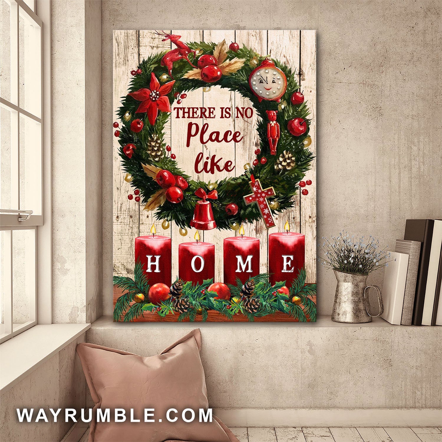 Christmas Wreath, Candle, There is no place like home - Jesus Portrait Canvas Prints, Wall Art