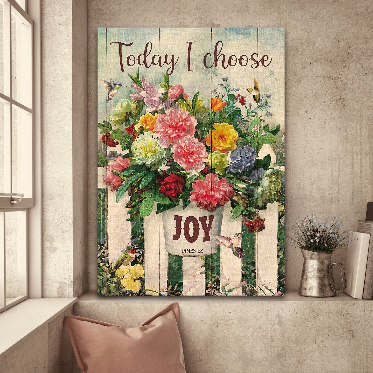 Flower pot, Hummingbird, Garden, Today I choose joy - Jesus Portrait Canvas Prints, Wall Art