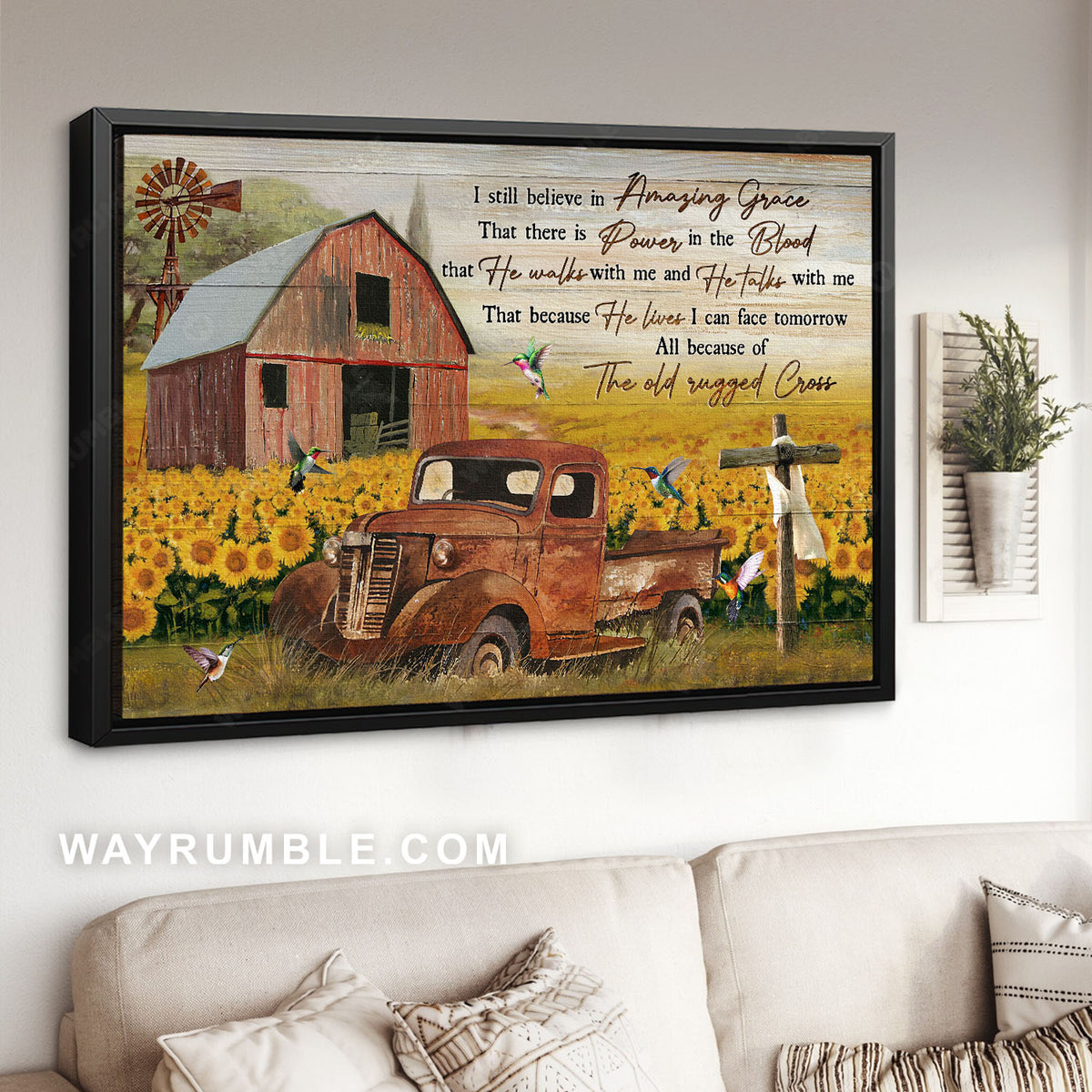 Sunflower field, Rustic farmhouse, Hummingbird, I still believe in amazing grace - Jesus Landscape Canvas Prints, Home Decor Wall Art