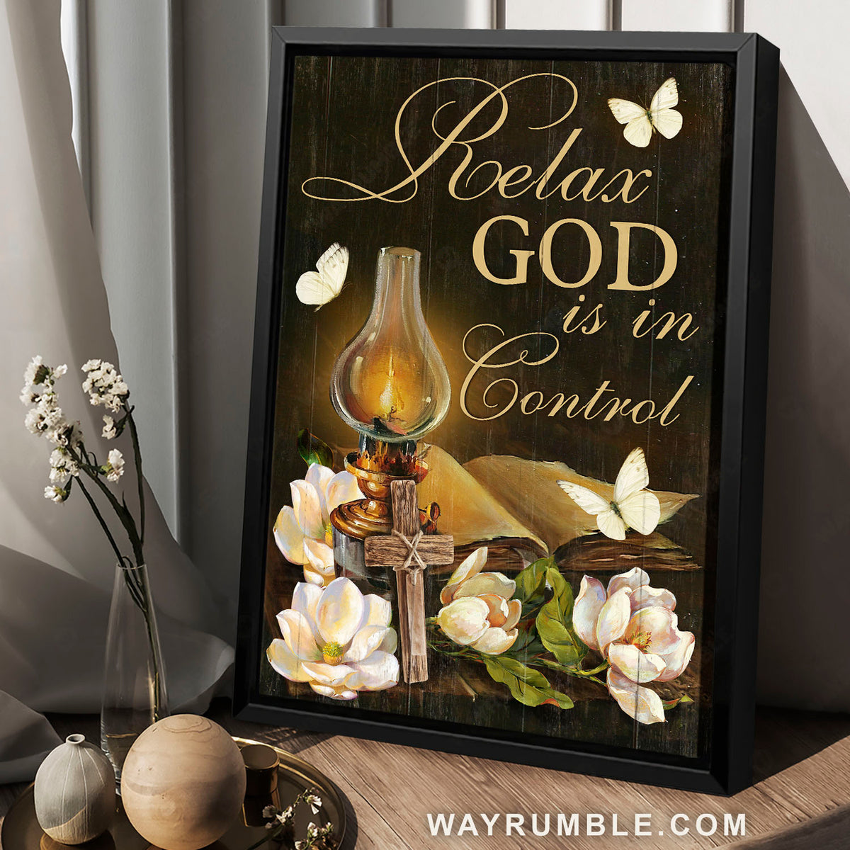 White flower painting, Wooden cross, White butterfly, Relax, God is in control - Jesus Portrait Canvas Prints, Home Decor Wall Art