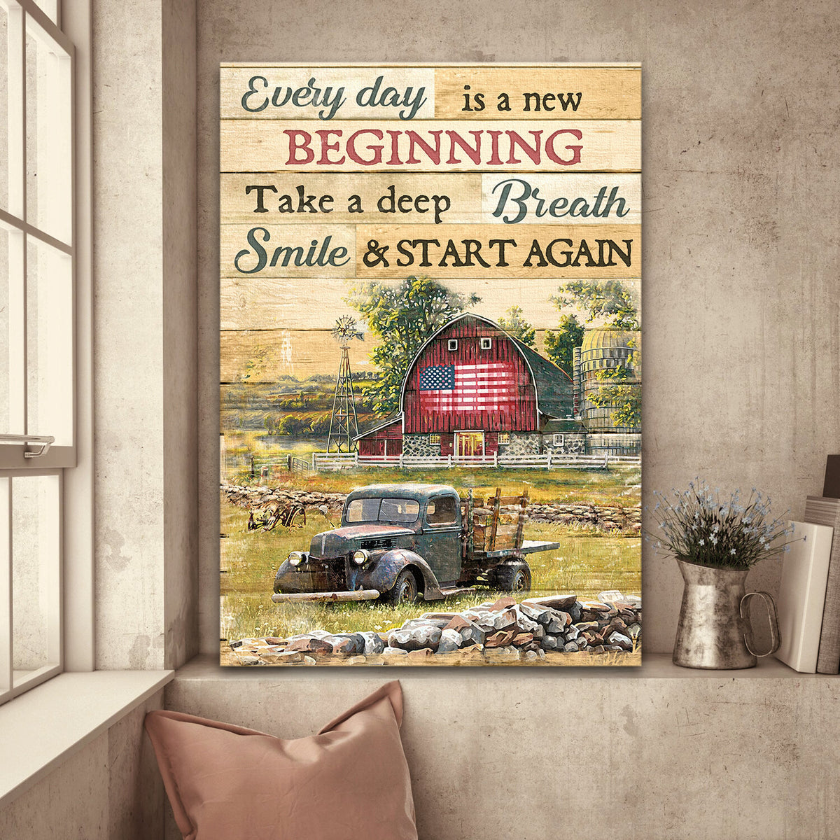 Farm painting, Green meadow, Every day is a new beginning - Jesus Portrait Canvas Prints, Wall Art