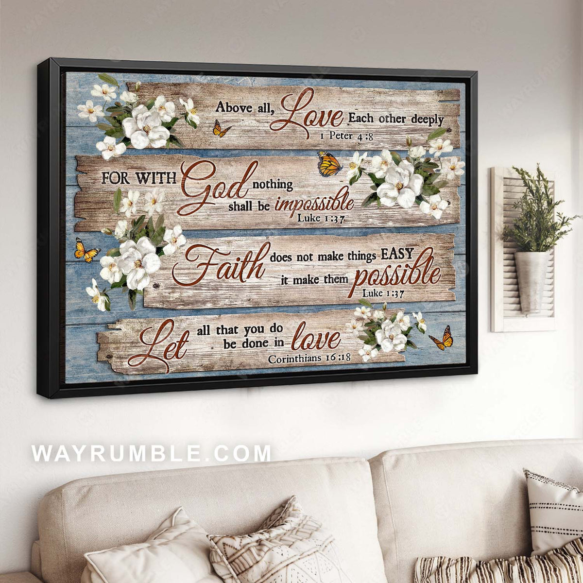 Gorgeous iceberg rose, Monarch butterfly, Bible verse, Love each other deeply - Jesus Landscape Canvas Prints, Home Decor Wall Art
