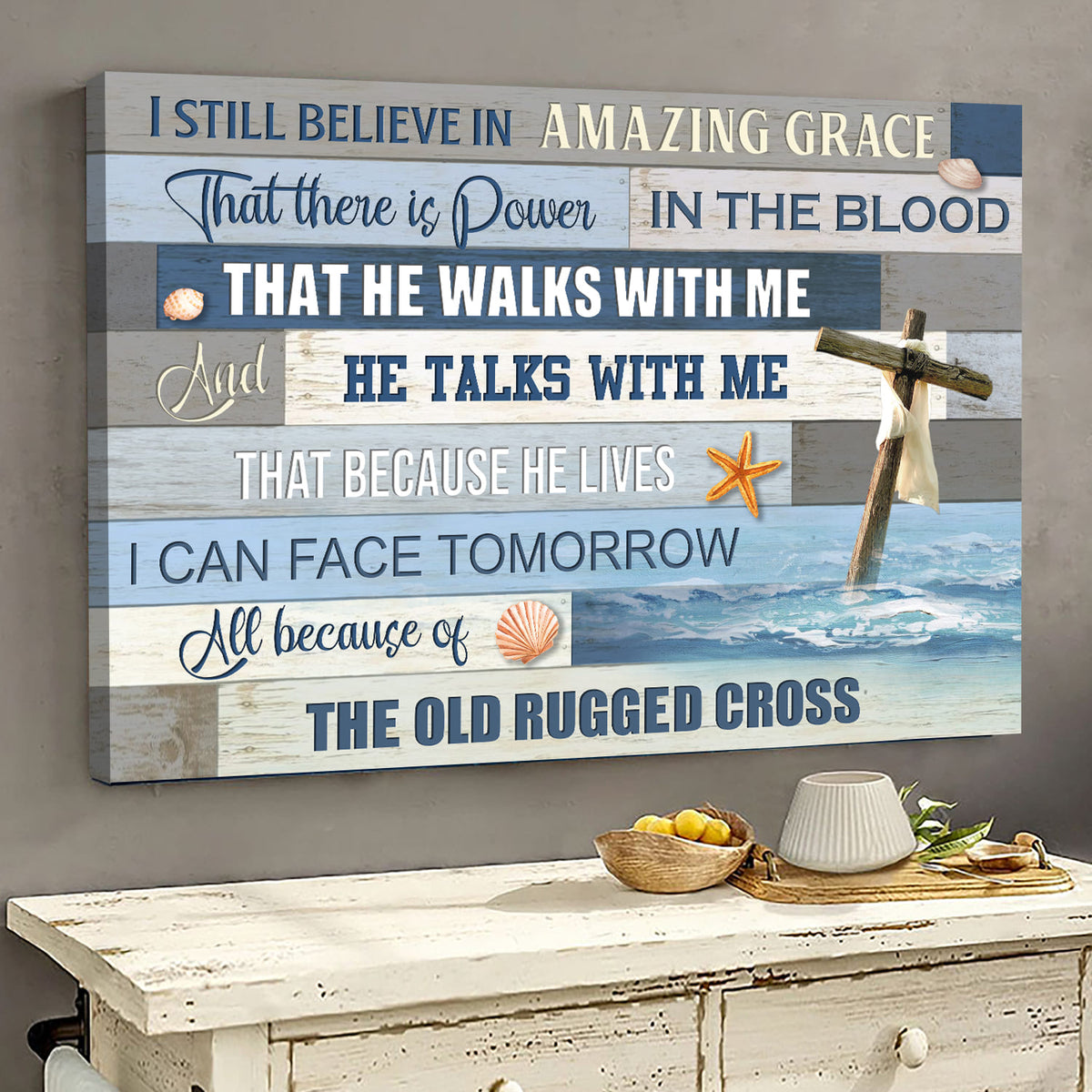 Wooden Cross, On the ocean, Seashell, I still believe in amazing grace - Jesus Landscape Canvas Prints, Wall Art