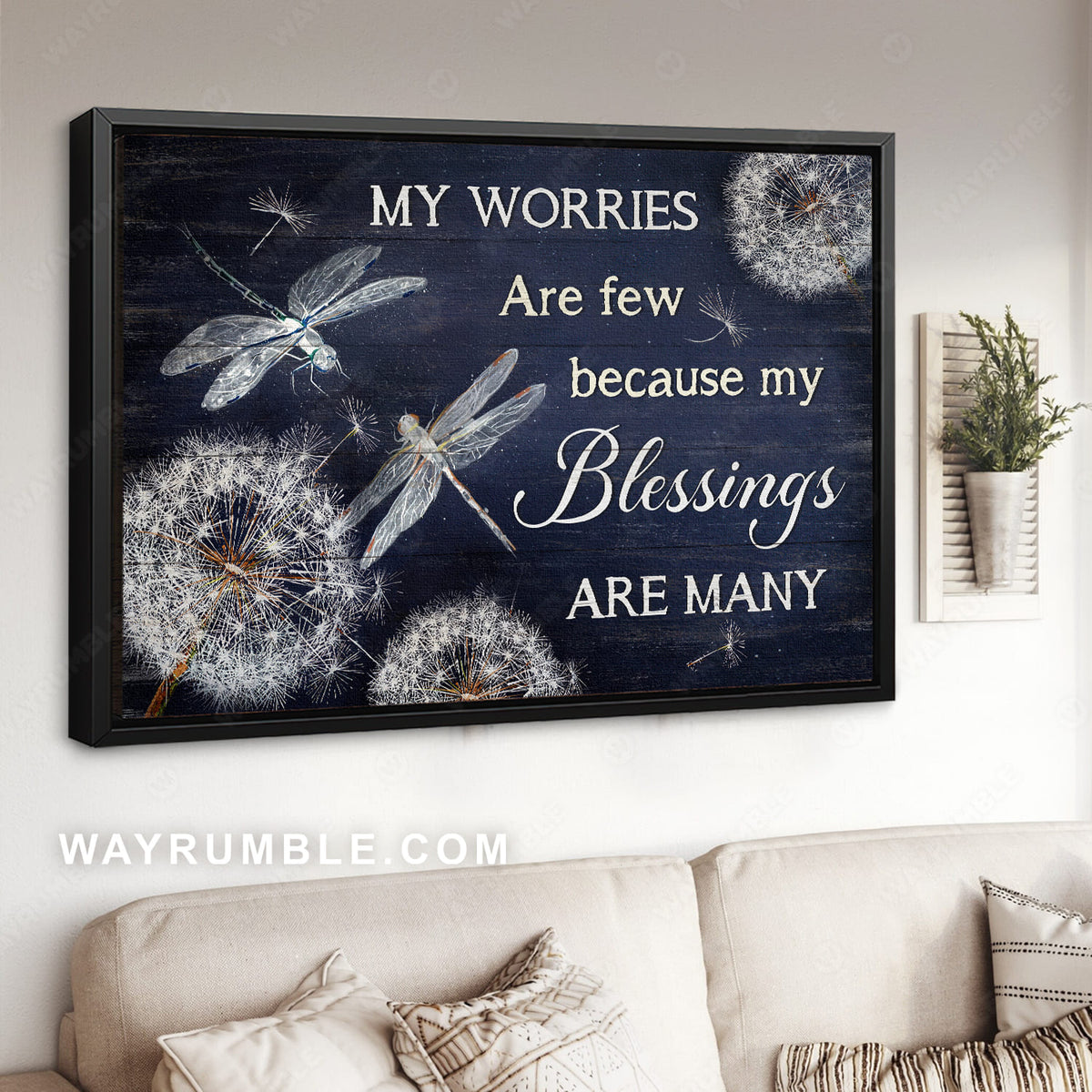 Dragonfly drawing, Beautiful dandelion, My worries are few because my blessings are many - Jesus Landscape Canvas Prints, Christian Wall Art