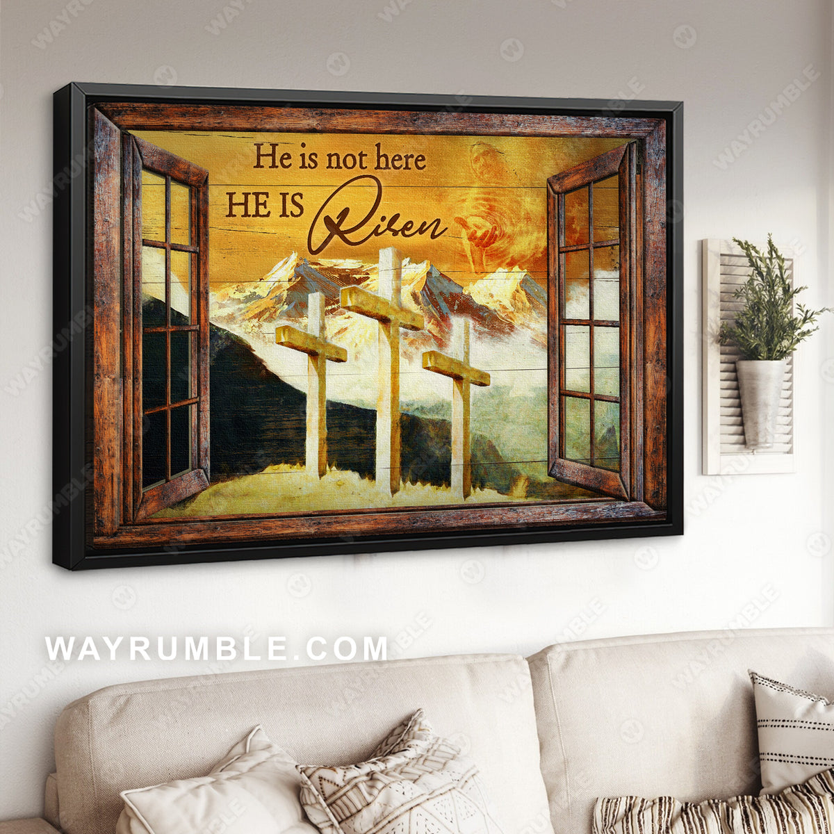 Three wooden crosses, Rocky mountains, He is not here, He is risen - Jesus Landscape Canvas Prints, Christian Wall Art