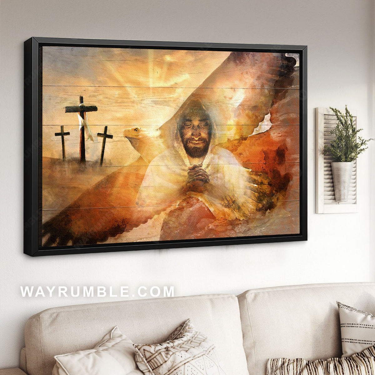 Abstract Jesus painting, Bald eagle, Three wooden crosses, The Lord&#39;s prayer - Jesus Landscape Canvas Prints, Christian Wall Art