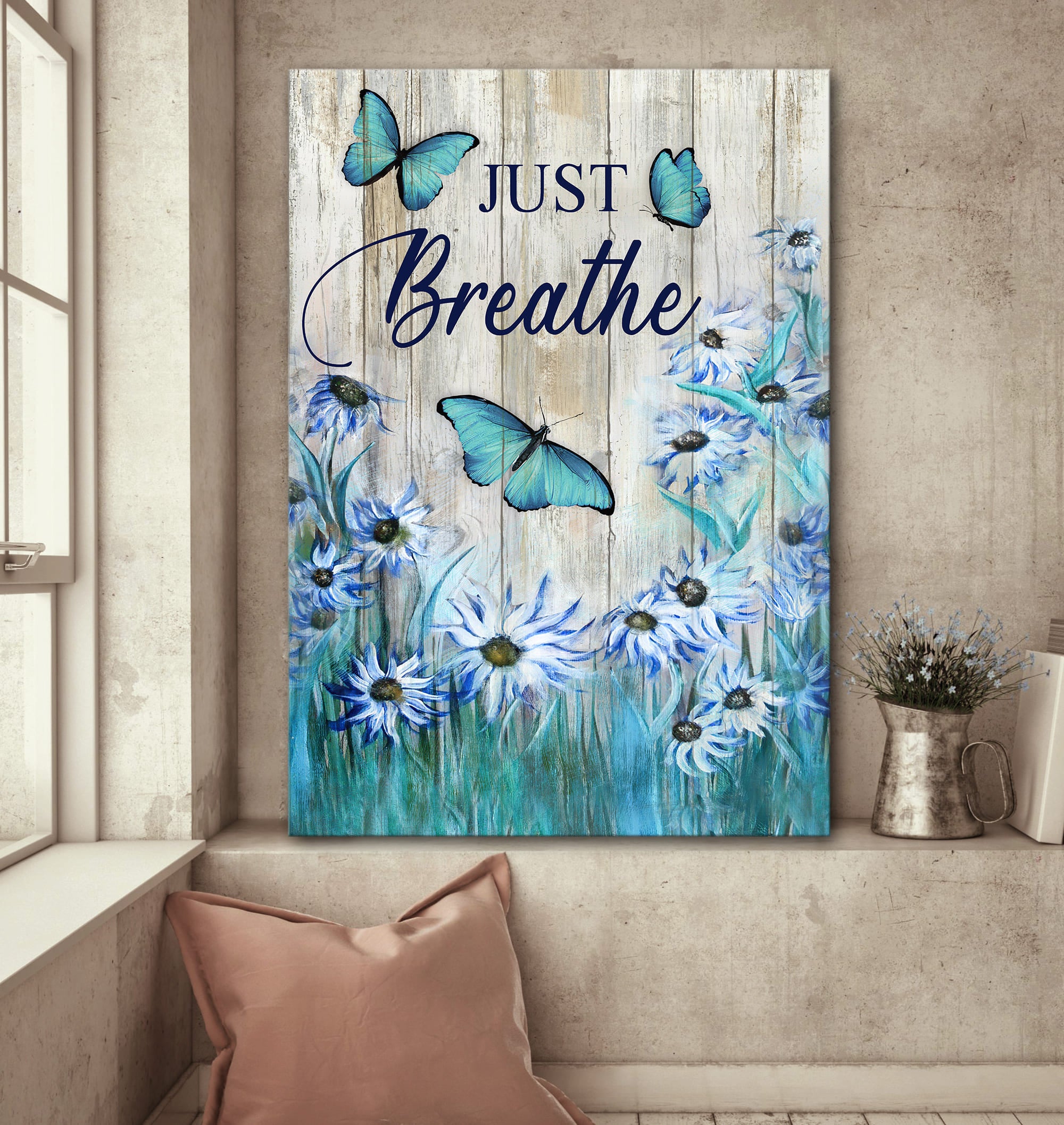 Blue flower garden, Butterfly painting, Just breathe - Jesus Portrait Canvas Prints Wall Art