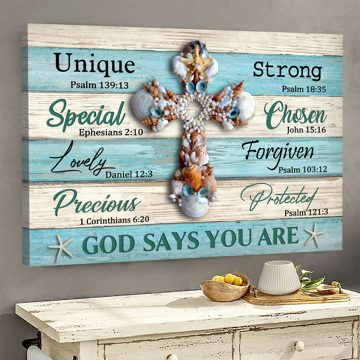 Seashell cross, God says you are - Jesus Landscape Canvas Prints, Wall Art