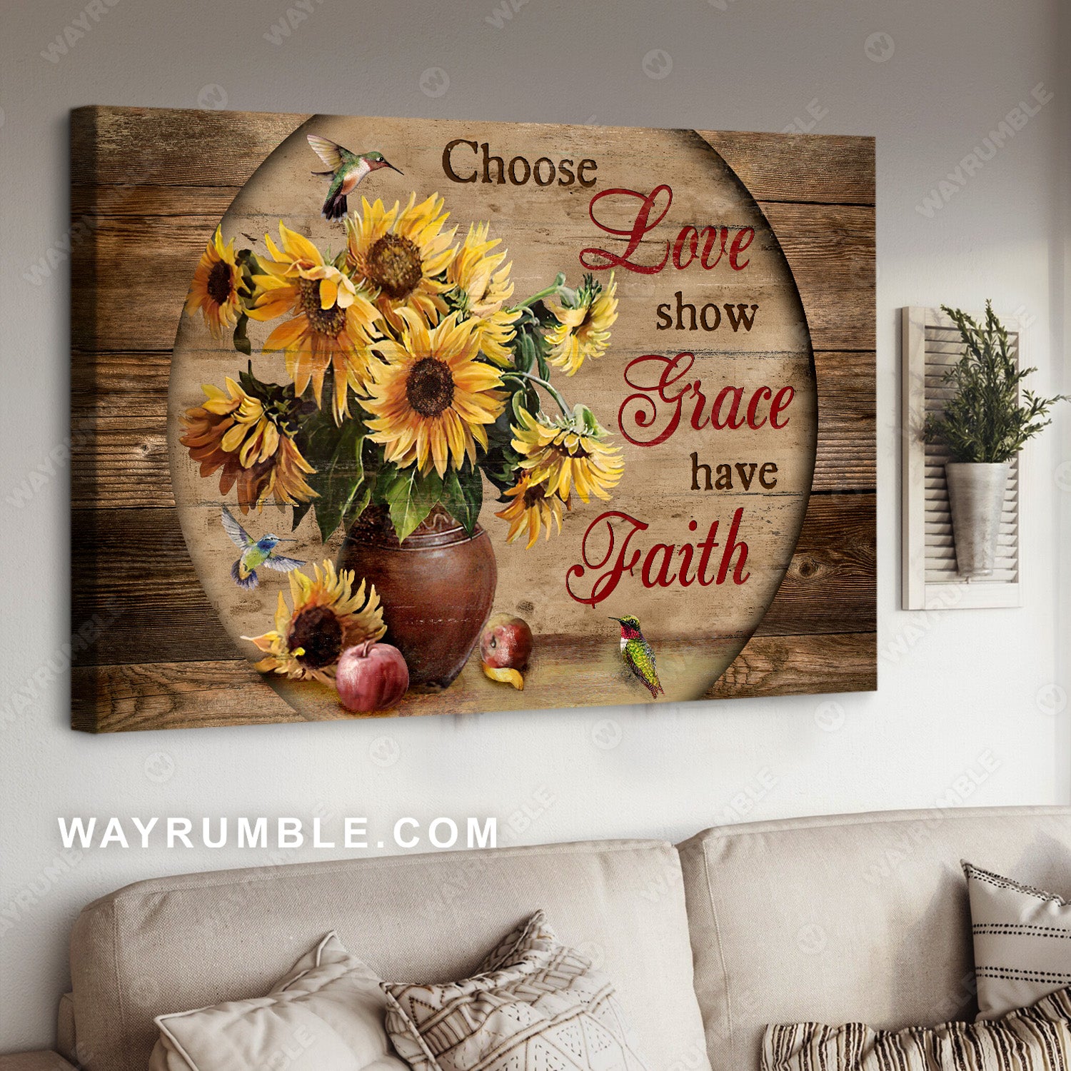 Hummingbird drawing, Sunflower vase, Choose love, show grace, have faith - Jesus Landscape Canvas Prints, Home Decor Wall Art