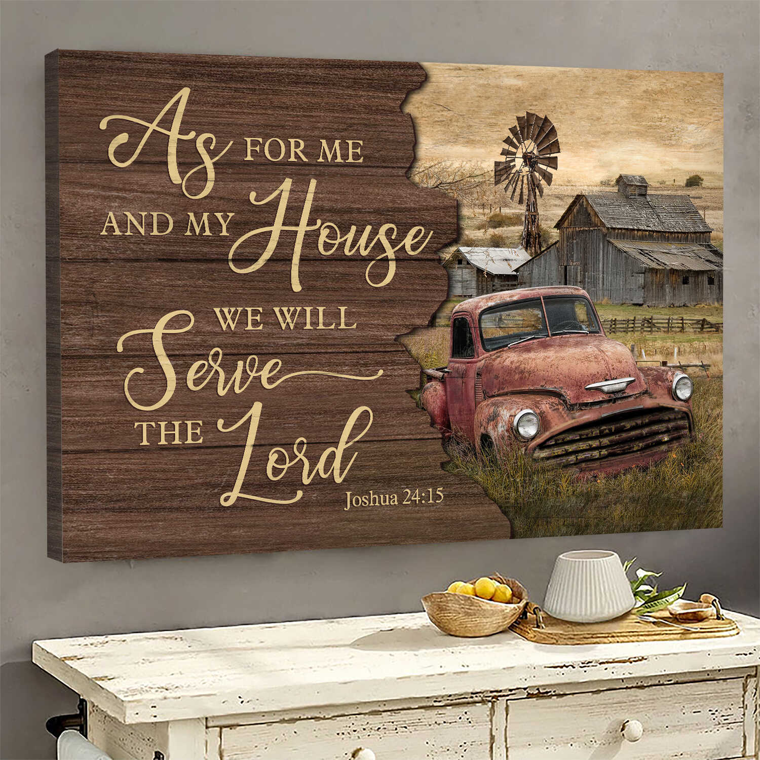 Old car, Tranquil farm, As for me and my house we will serve the Lord - Jesus Landscape Canvas Prints, Wall Art