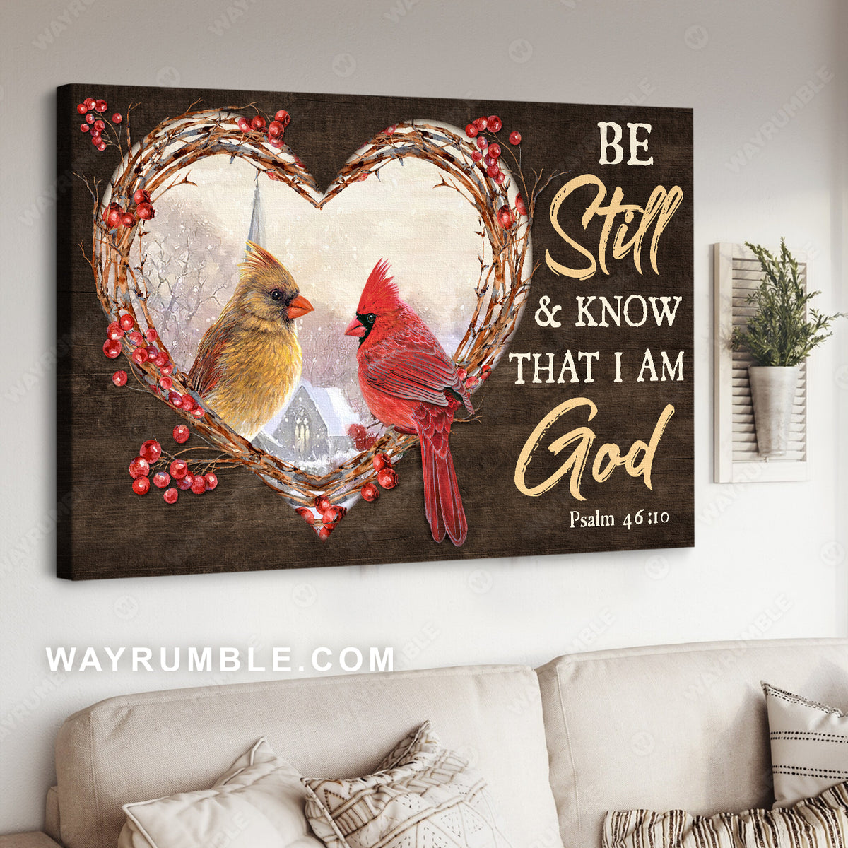 Cranberry heart, Beautiful cardinal, Winter, Be still and know that I am God - Jesus Landscape Canvas Prints, Christian Wall Art