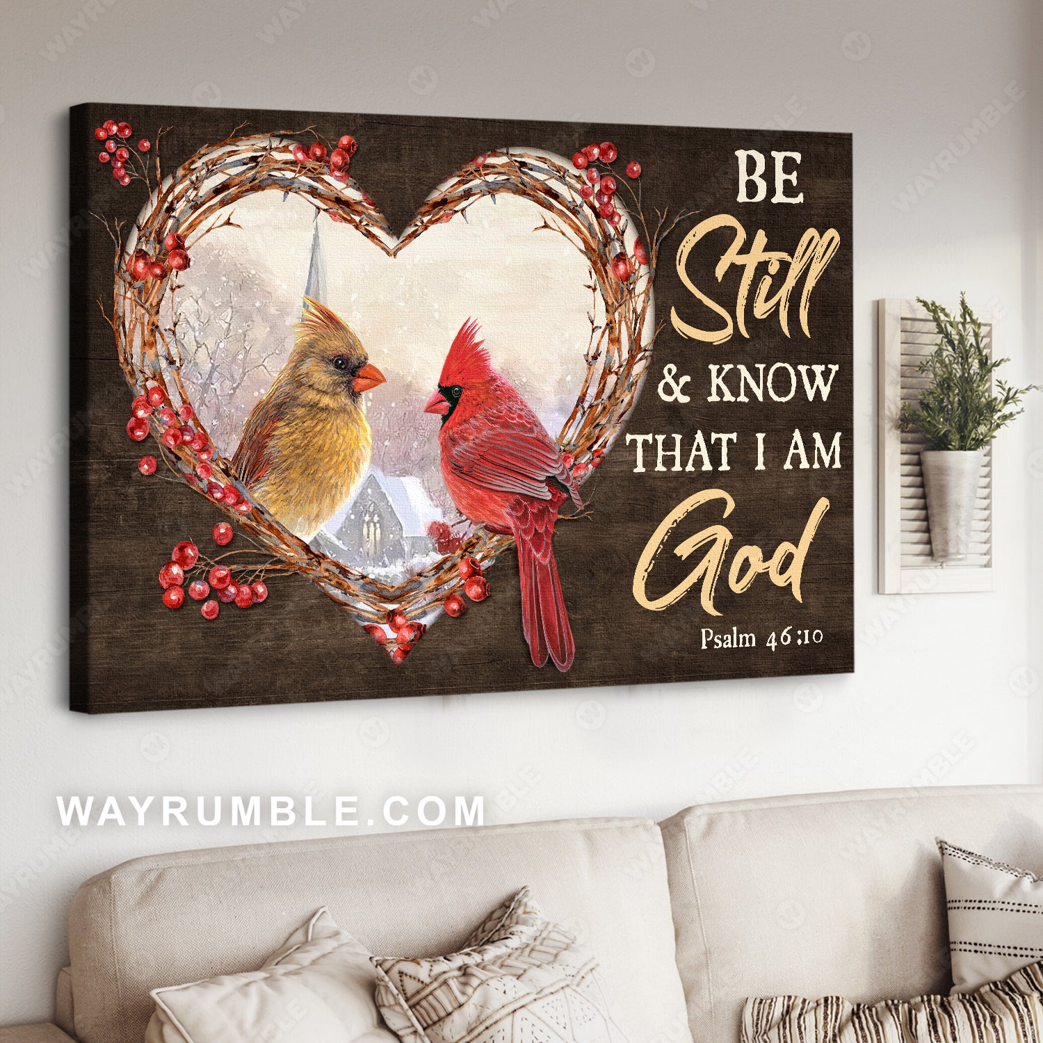 Cranberry heart, Beautiful cardinal, Winter, Be still and know that I am God - Jesus Landscape Canvas Prints, Christian Wall Art