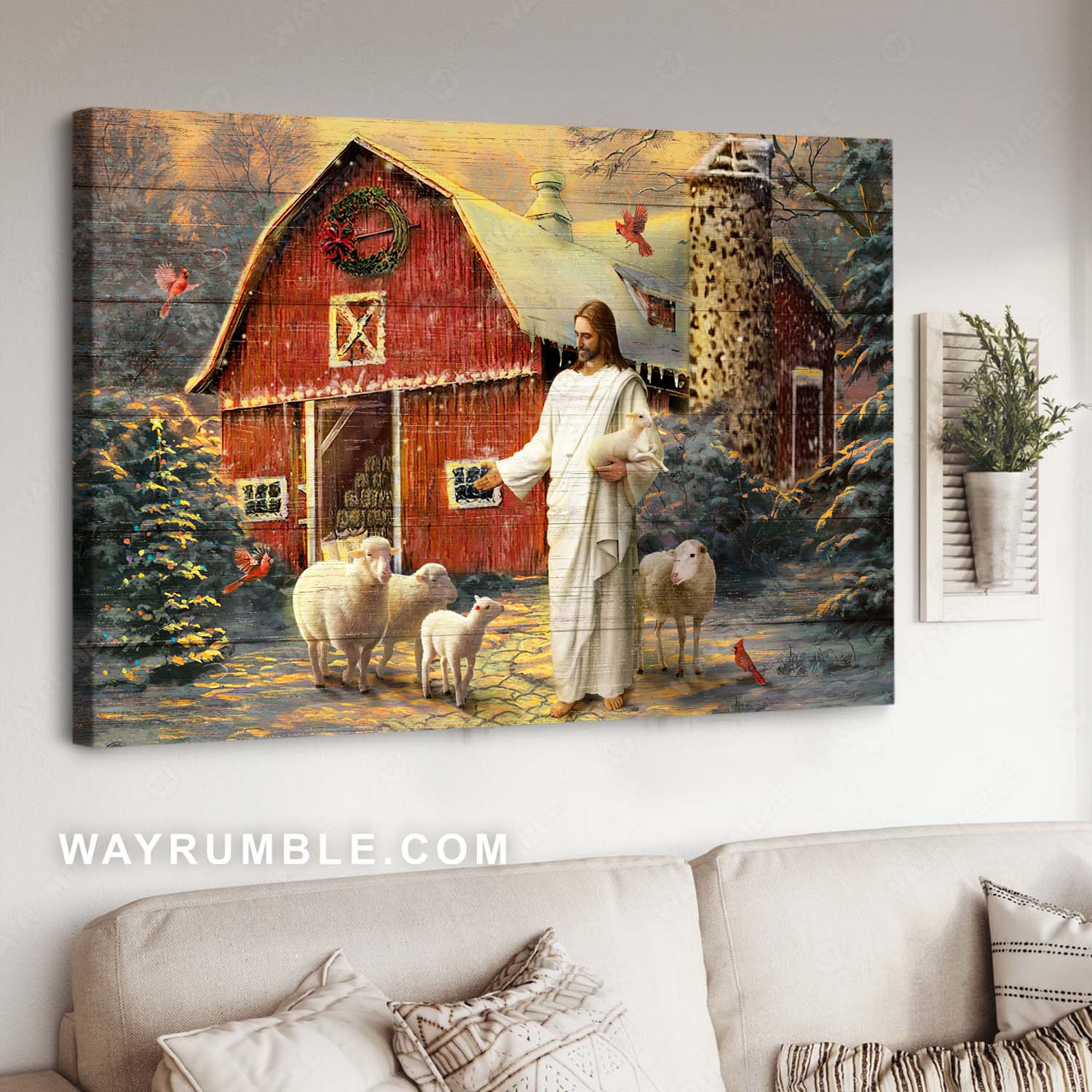 Farmhouse drawing, Christmas tree, Jesus painting, Lovely Lamb of God - Jesus Landscape Canvas Prints, Christian Wall Art