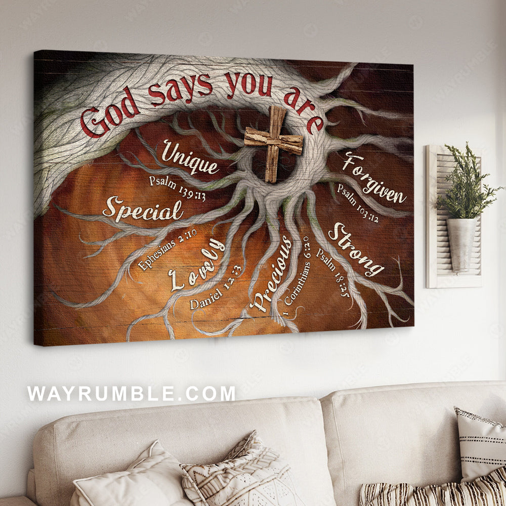 Abstract tree roots, Wooden cross painting, Bible verses, God says you are - Jesus Landscape Canvas Prints, Home Decor Wall Art