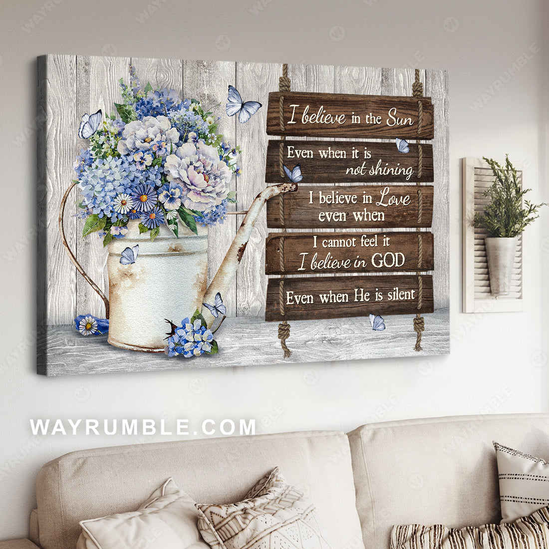 Blue hydrangea, White flower, Pretty butterfly, I believe in the sun - Jesus Landscape Canvas Prints, Christian Wall Art
