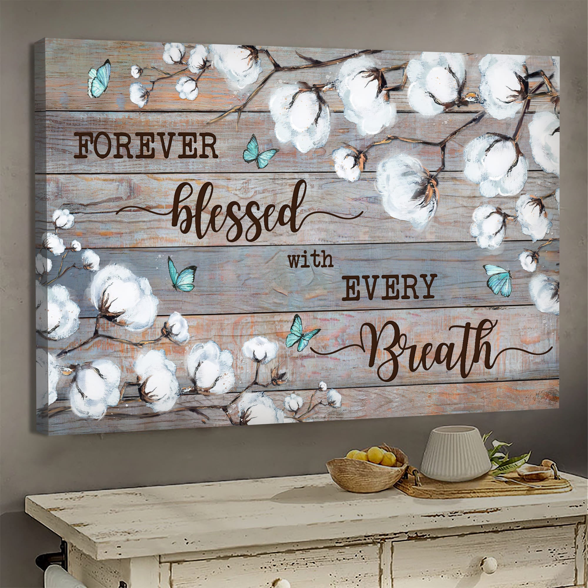 Cotton flower painting, Blue butterfly, Forever blessed with every breath - Jesus Landscape Canvas Prints, Wall Art
