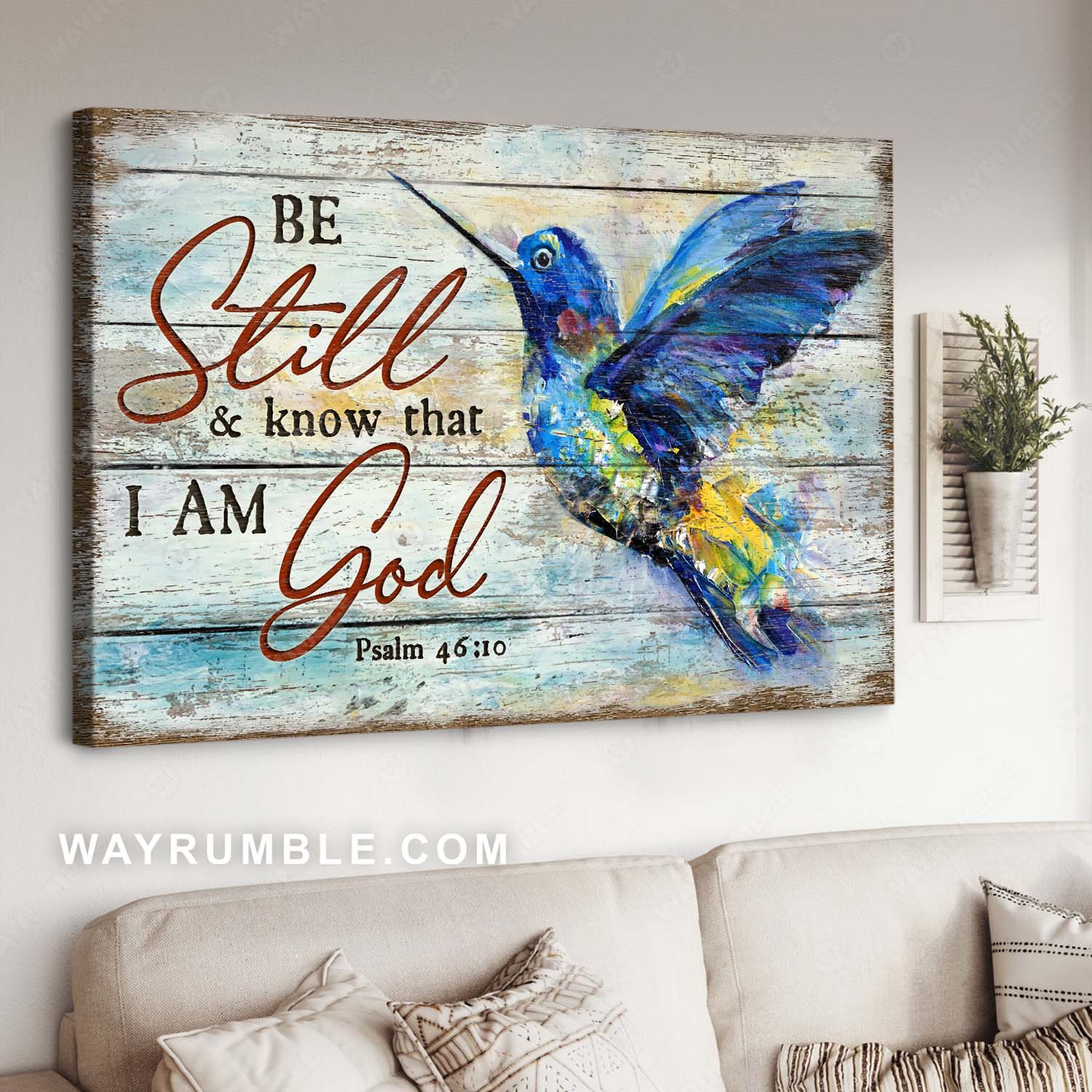 Watercolor hummingbird, Bible verse, Religious art, Be still & know that I am God - Jesus Landscape Canvas Prints, Home Decor Wall Art