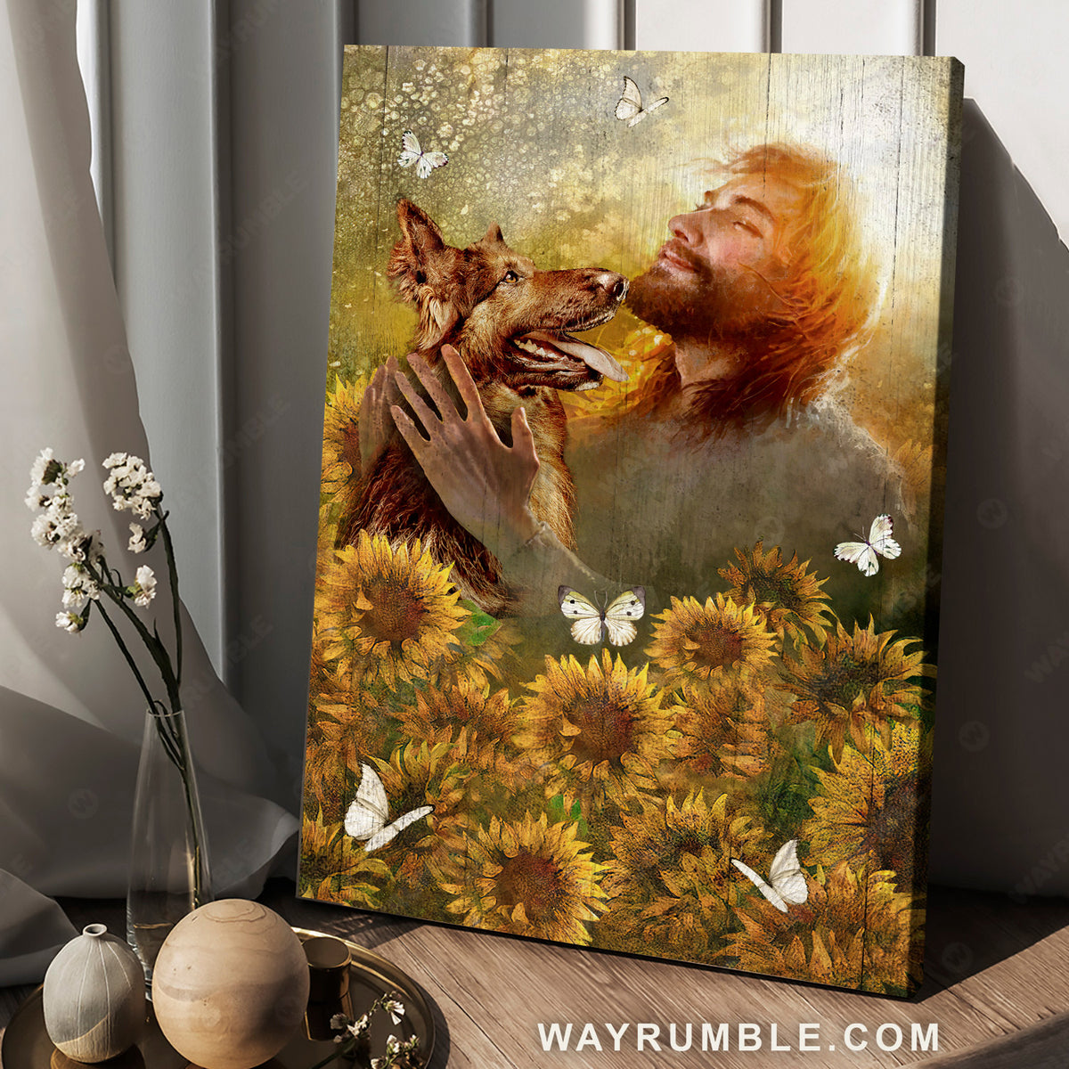German Shepherd dog, Abstract Jesus painting, Sunflower field, White butterfly - Jesus Portrait Canvas Prints, Christian Wall Art