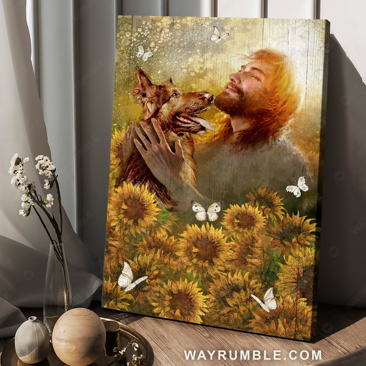 German Shepherd dog, Abstract Jesus painting, Sunflower field, White butterfly - Jesus Portrait Canvas Prints, Christian Wall Art