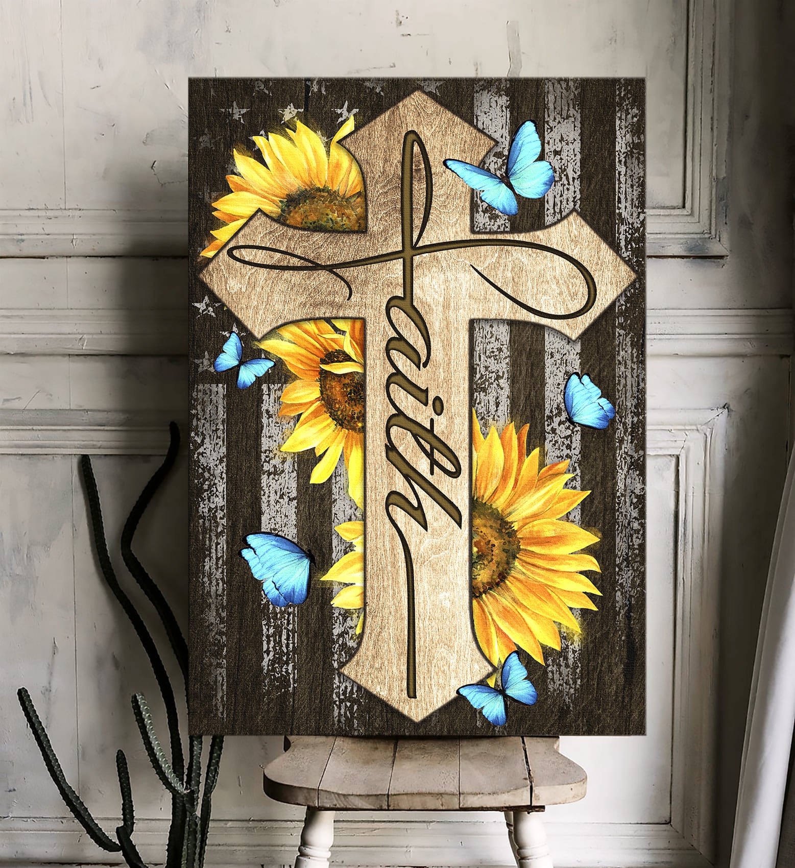 Jesus - Cross with sunflower - Faith - Portrait Canvas Print - Wall Art